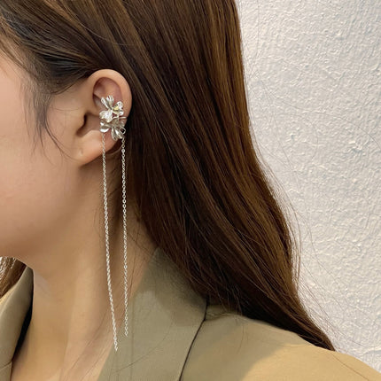 Korea Sweet Cool Flower Earbone Clip Personalized Chain Tassels Long Earrings Ins Fashion Earclip