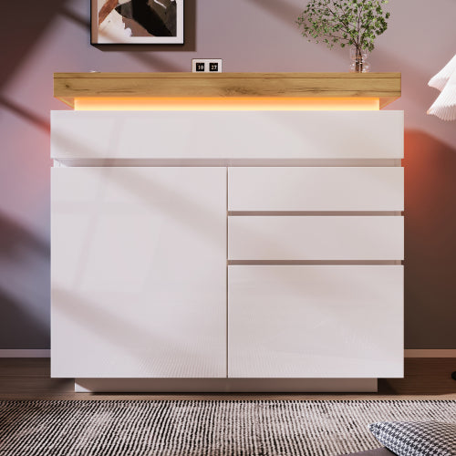 Laaikas, Hoëglans-sykabinet Met 2 Deure En 3 Laaie, Berging Met RGB LED Toep-beheer, Veeldoelige Kabinet Vir Sitkamer En Slaapkamer, 115 X 110 X 39 Cm, Wit