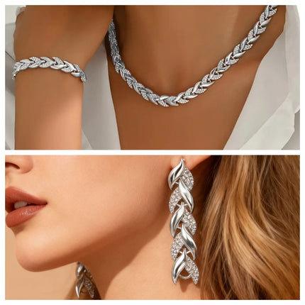 2PCS Glass Leaf Necklace Set Elegant Rhinestone Chain Necklace Bracelet For Women Fashion Luxury Jewelry Set