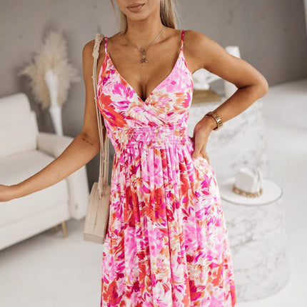 European And American Foreign Trade Cross-border Women's Clothing Amazon Summer V-neck Elastic Waist Printed Sling Long Dress