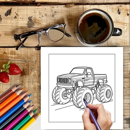 Monsters Trucks 28 Bladsye Kleurboek Kleurboek Vir Volwasse Stresvermindering Kleurboek Valentynsdag Geskenk, Verjaarsdagpartytjie Geskenk, Tekenbenodighede, Kersfeesgeskenk, Terug Skool Toe Benodighede
