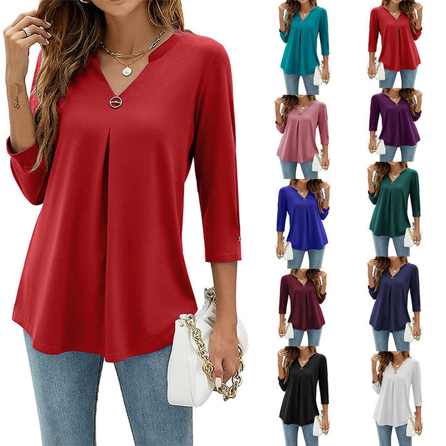 Casual And Comfortable Solid Color And V-neck Clinch Loose Three-quarter-length-sleeved T-shirt Top For Women