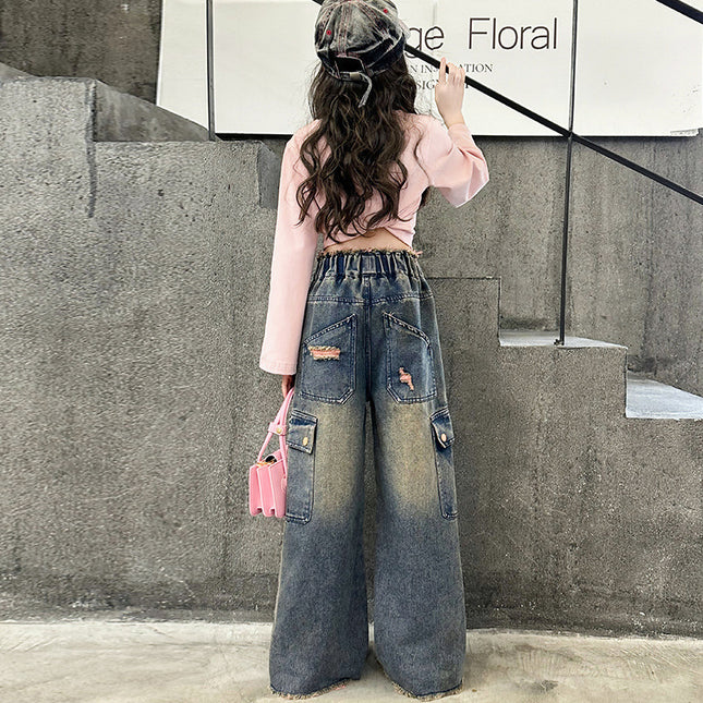 Girls' Fashionable Gradually Varied Pink Broken Holes Pants