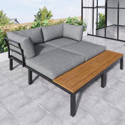 Buite Patio- & Agterplaasmeubels Tuinrusbankstel Vir 4 Mense, Ruimtebesparende Dik Kwaliteit L-vormige Hoekbank Met Houttafel, Grys