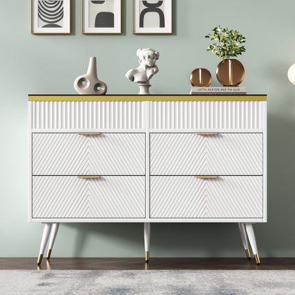 Buffetkas met 6 laaie, Amberglas-laaikas, Kompartementeleberging, Teen-omval, Kaptafel vir Sitkamer, Gang, Slaapkamer en Kinderkamer, 120 X 40 X 76 Cm, Wit