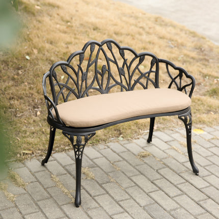 Tulp-patiotuinkbank Metaalparkbank Gegote aluminium buitemeubels met blomrose vir patio, park, grasperk, tuin Swart met kussing