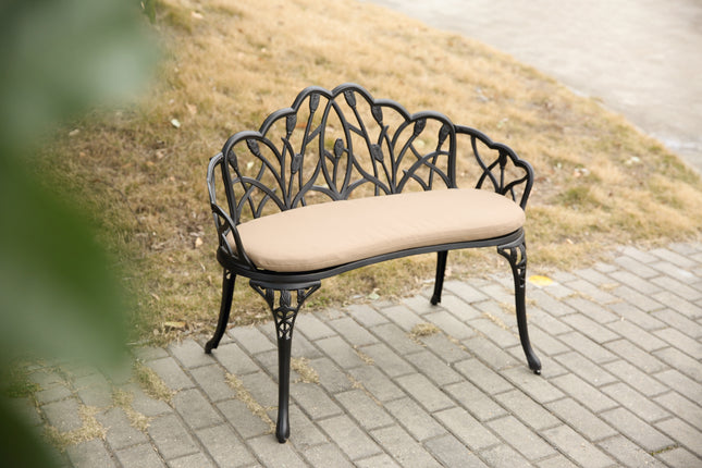 Tulip Patio Garden Bench Metal Park Bench Cast Aluminum Outdoor Furniture With Floral Rose For Patio Park,Lawn,YardBlack Withe Cushion