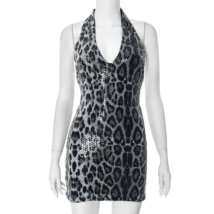 Sexy Sleeveless Halter Leopard Print Sequin Deep Collar Backless Hip Skirt