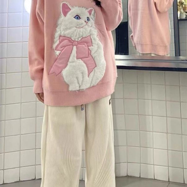 Autumn And Winter Thickening Sweater Dopamine Wear Salt Cute Flocking Cat Design Sweet Girl Style