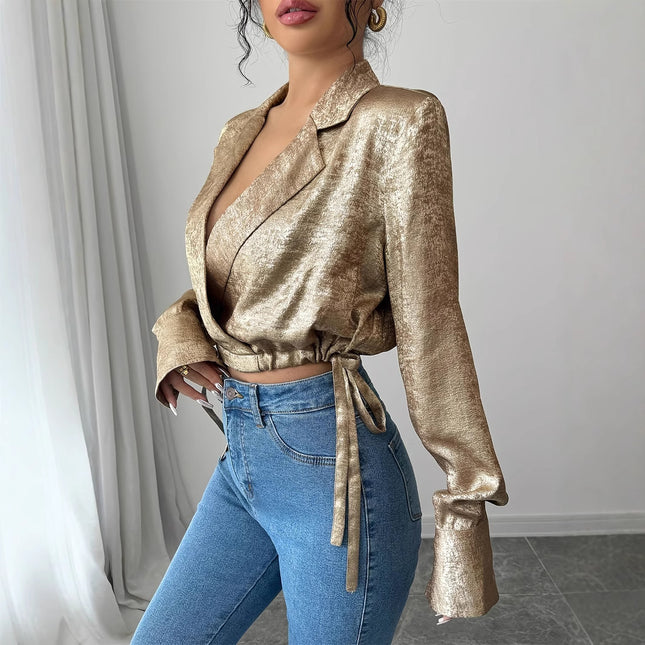 Graceful And Fashionable Casual Suit Collar Long Sleeve Drawstring Top