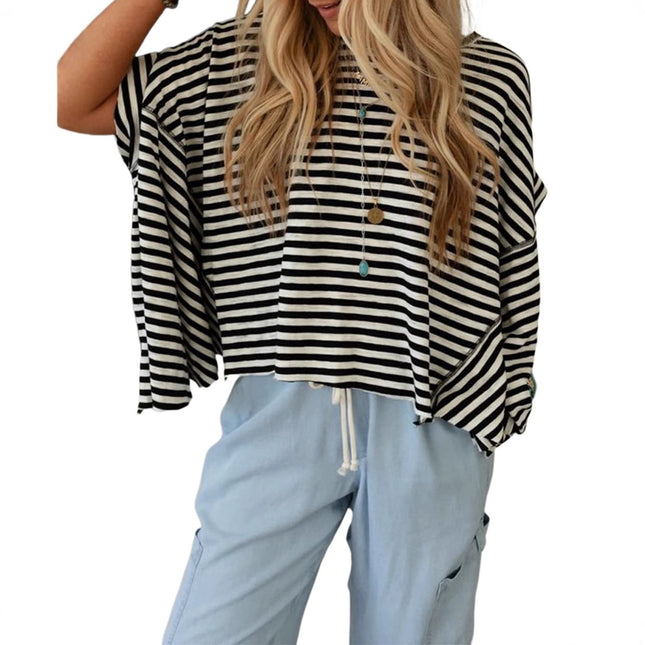 Round Neck Short Sleeve Pullover All-matching Striped Printed T-shirt