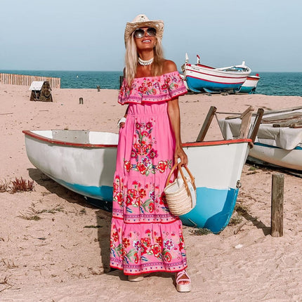 Women's Fashion Off-shoulder Red Flower Print Dress
