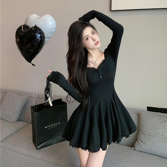 Pure Desire Puffy Sexy Lace Dress Women's New Elegant Slim Cinched Pleated A- Line Skirt