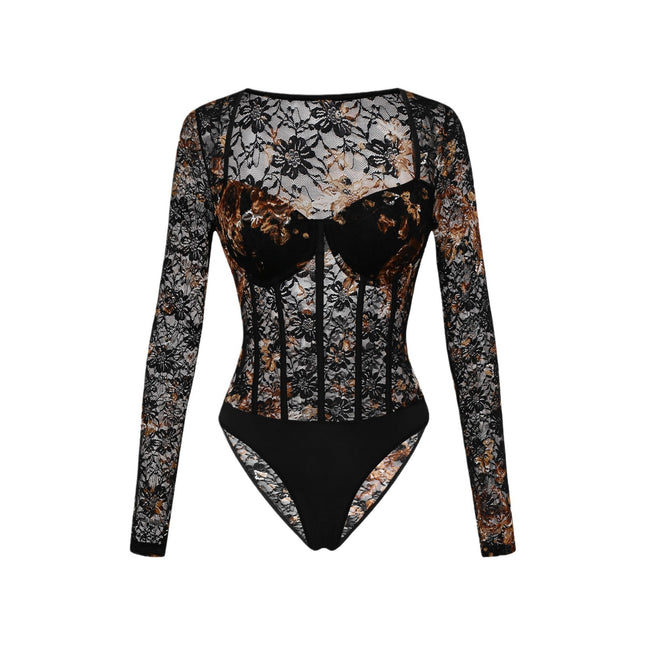 European And American Autumn Winter Retro Dignified Flowers Lace Steel Ring Sheer Long Sleeve