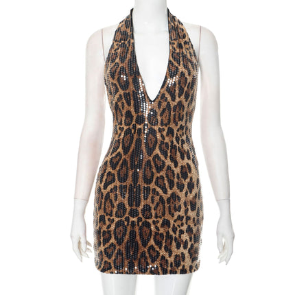Sexy Sleeveless Halter Leopard Print Sequin Deep Collar Backless Hip Skirt