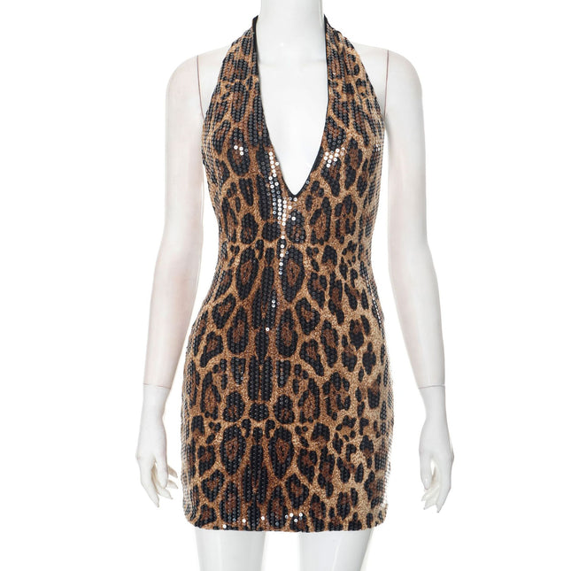 Sexy Sleeveless Halter Leopard Print Sequin Deep Collar Backless Hip Skirt