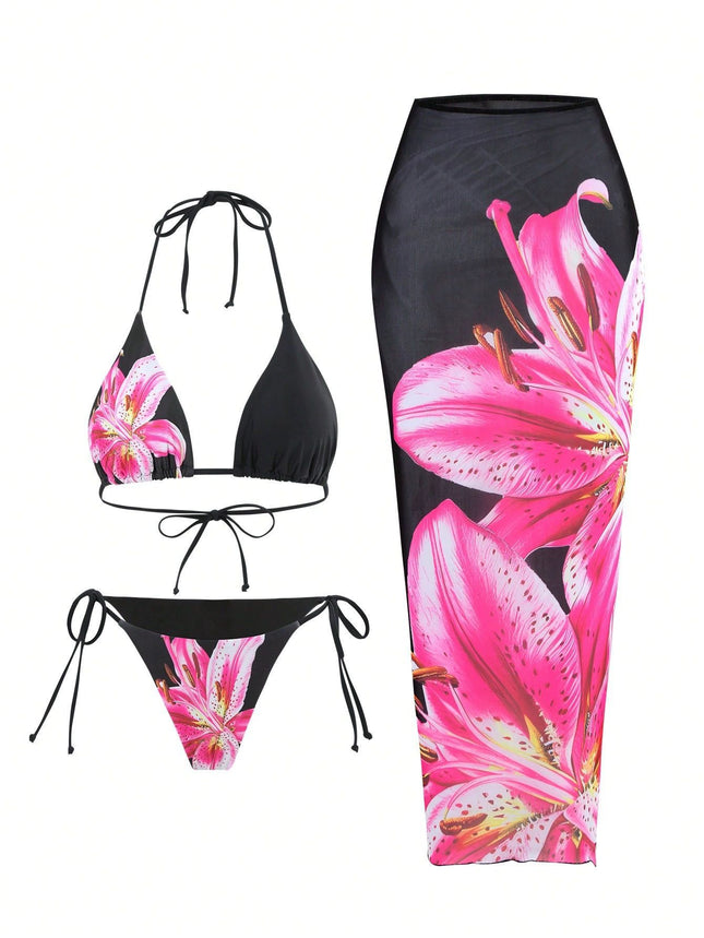 New Printed Swimsuit Bikini Slim Wrap Skirt Three-piece Set For Women