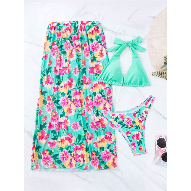 Sexy Split Swimsuit Swimming Suit High Slit Printed Three-piece Set