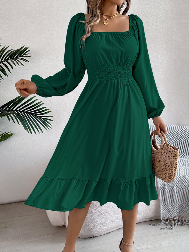 Casual Solid Color Square Collar Long Sleeve Waist Trimming Ruffles A- Line Skirt