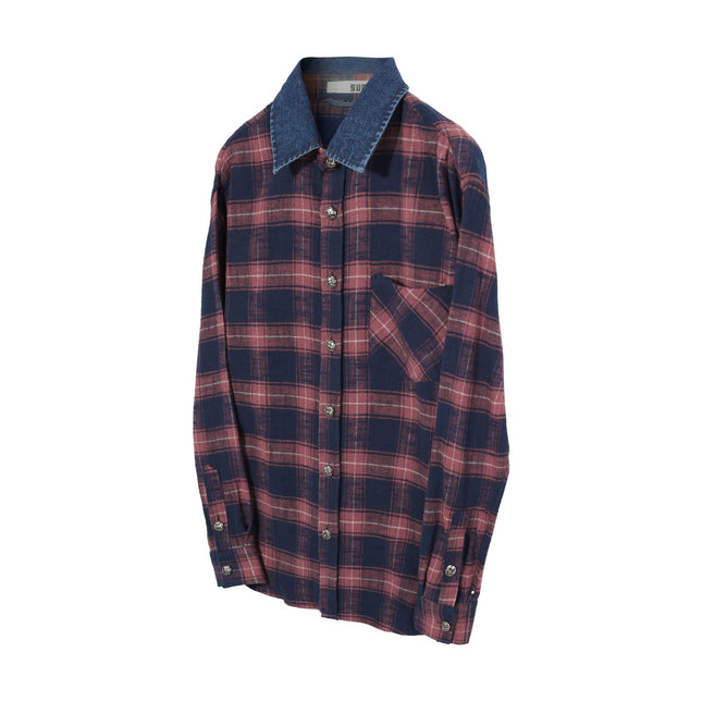 Men's Vintage Cross Button Denim Spliced Plaid Blouse Coat