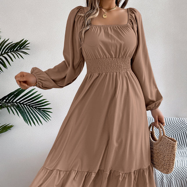 Casual Solid Color Square Collar Long Sleeve Waist Trimming Ruffles A- Line Skirt
