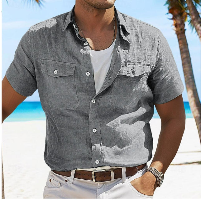 Men's Linen Summer Shirt Beach Solid Color Polo Collar Spring And Summer