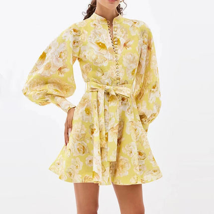 Belt Lantern Sleeve Holiday Swing Dress