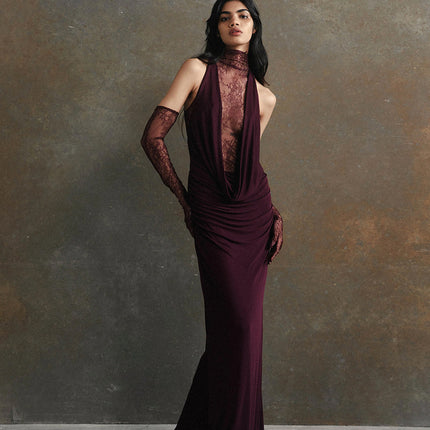 Halter Lace Stitching Sexy Deep V Hot Girl Pleated Evening Dress