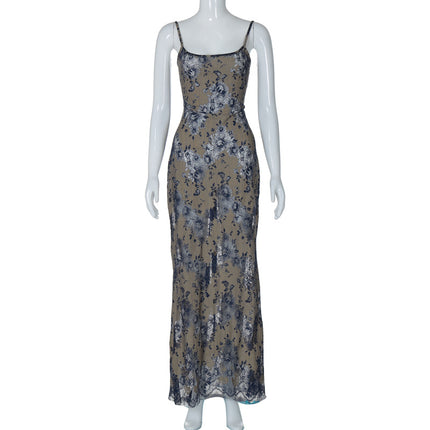 Fashion Dyed Printing Stitching Hollow Back Strap Elegant Style Long Dress Women