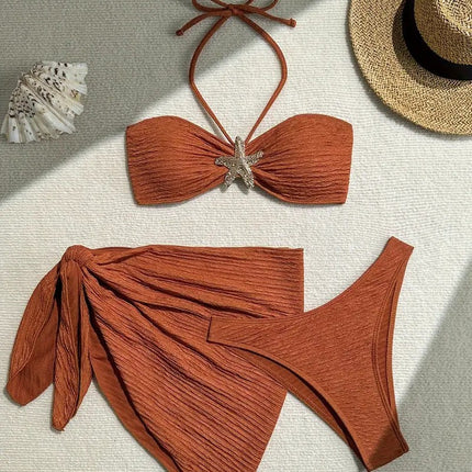 Bikini Solid Color Swimsuit Three-piece Tube Top Beach Skirt