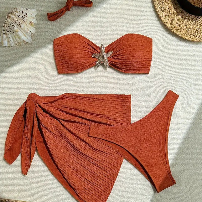 Bikini Solid Color Swimsuit Three-piece Tube Top Beach Skirt