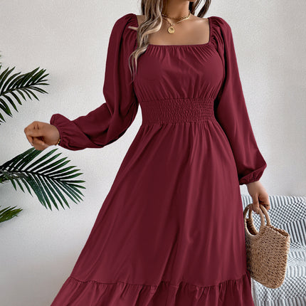 Casual Solid Color Square Collar Long Sleeve Waist Trimming Ruffles A- Line Skirt