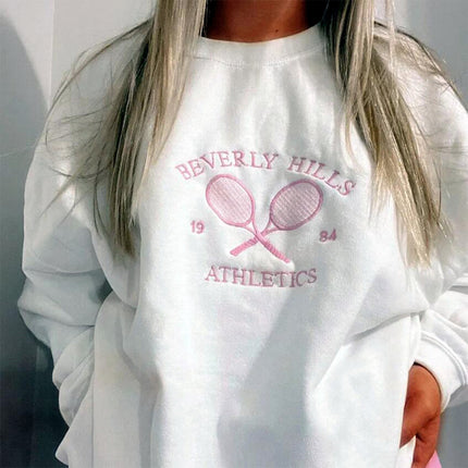 Women's American Retro Tennis Club Embroidery Artistic Round Neck Sweater