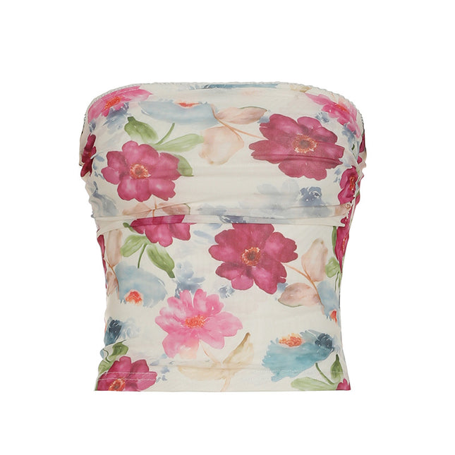 Gentle And Romantic Vacation Style Floral Off-the-neck Tube Top For Women