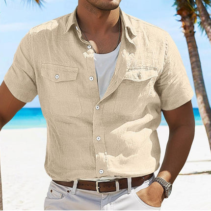 Men's Linen Summer Shirt Beach Solid Color Polo Collar Spring And Summer