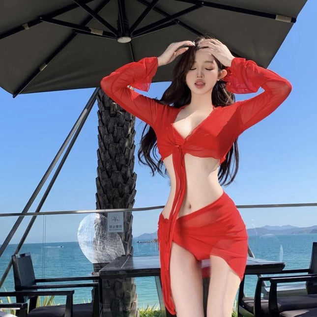 New Pure Desire Big Red Hot Spring Sexy Bikini Four-piece Suit