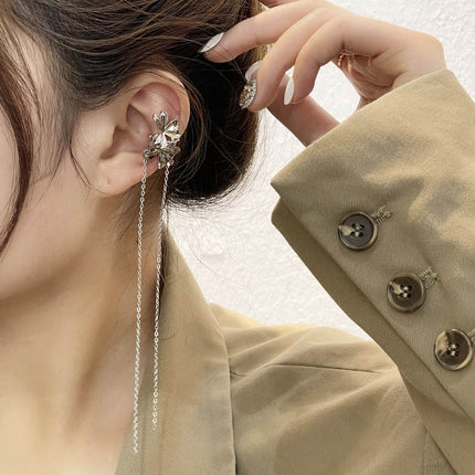 Korea Sweet Cool Flower Earbone Clip Personalized Chain Tassels Long Earrings Ins Fashion Earclip
