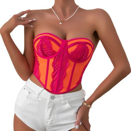Low-cut Color Matching Wrapped Chest Lace Steel Ring Fishbone Top