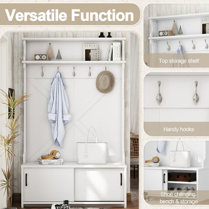 Hall Tree With Top Shelf And Storage Bench, Hallway Shoe Cabinet With Sliding Doors, Coat Rack With 5 Hanging Hooks For Entryways Hallways