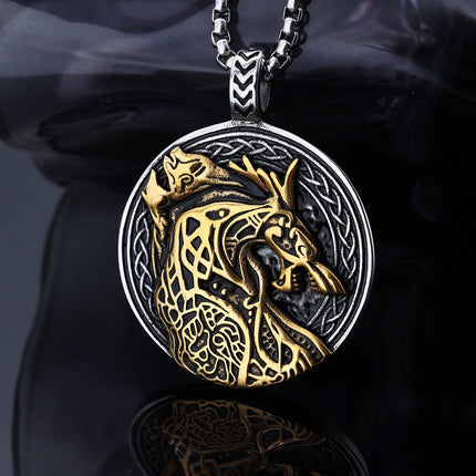 Persoonlike Wolfkop-Totem Titaanstaal Swart-en-Goud Kontras-Hanger