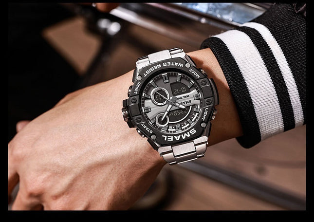 Men's Multi-functional Waterproof Double Display Alloy Steel Belt Electronic Watch