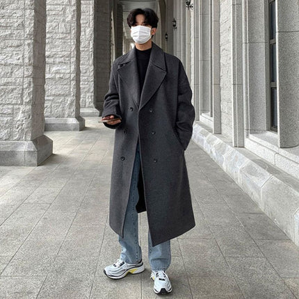 Winter Woolen Men's Mid-length Over-the-knee Suit Collar Double Breasted Woolen Trench Coat Thickened