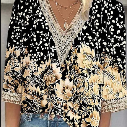 Women's Loose New Multi-color Floral Print Stitching Lace Mid-sleeve V-neck T-shirt