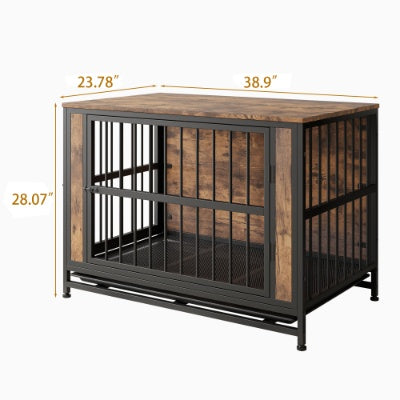 Dog Crate Furniture, Wooden Dog Crate Table, 38.9 Dog Kennel With 2 Sliding Doors And Thick Iron Door Frame, Decorative Pet Crate House For Large Medium Small Dog Indoor Use  Rustic Brown
