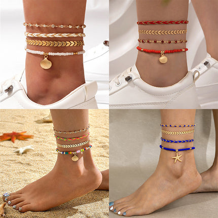 4 stuks Stel Boheemse Geweefde Tou Voetketting Vir Mans En Vroue Geometriese Legering Swart Krale Druppelolie Enkelband Stel Somer Modejuweliersware