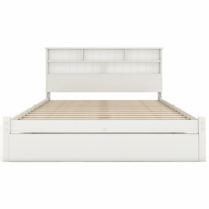 Bed With Shelves, White Wooden Storage Bed, Underbed Drawer - 4ft6 Double 135 X 190 Cm