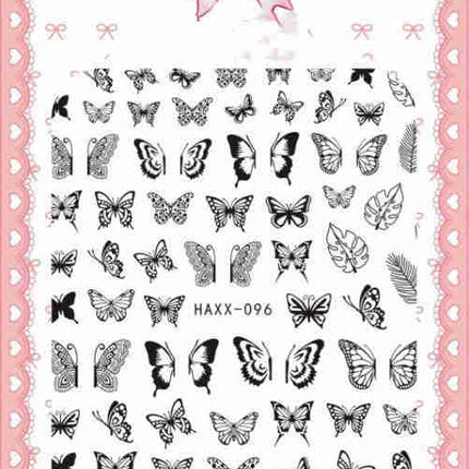 Black Butterfly Nails Stickers Decals White Flower Adhesive Manicure