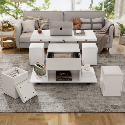 Opklapbare Koffietafel, Koffietafel Met Berging, Opklapblad Bank Eindtafels Vir Sitkamer Meubels, Wit