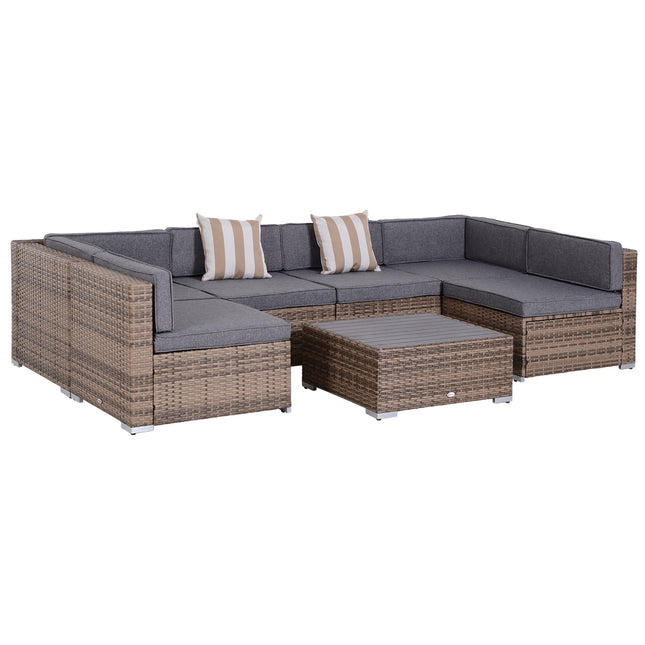 Moderne Rottangstoepmeubelstel, 7-stuk Buitenste Rattan Sofa Stel met Kussings vir Huis- en Familiebyeenkomste, Grys