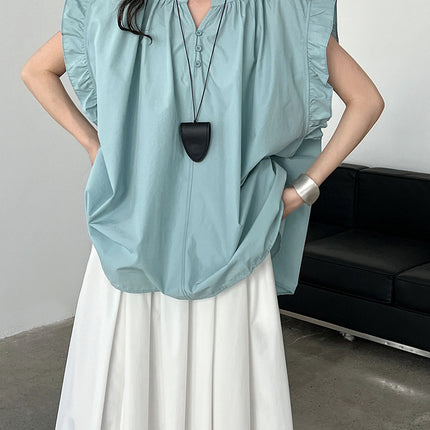Casual Lace Ruffle Sleeve Shirt Top V-neck Buttons Pleated